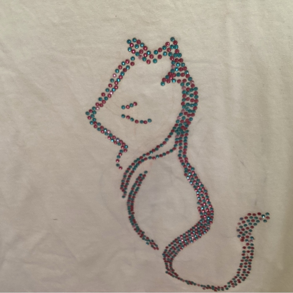 Hand Crafted Rhinestone Cat Tee - White and Teal